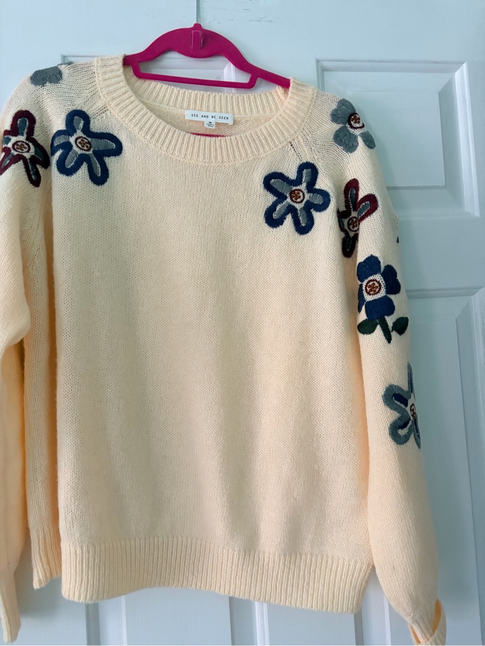 See By Chloe Cream Floral Appliqué Crewneck Sweater